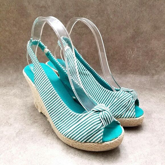Dots Womens Joon 2  Sz 9 M Green Stripes Peep Toe Slingback 3.5" Heels Wedge - Picture 1 of 10